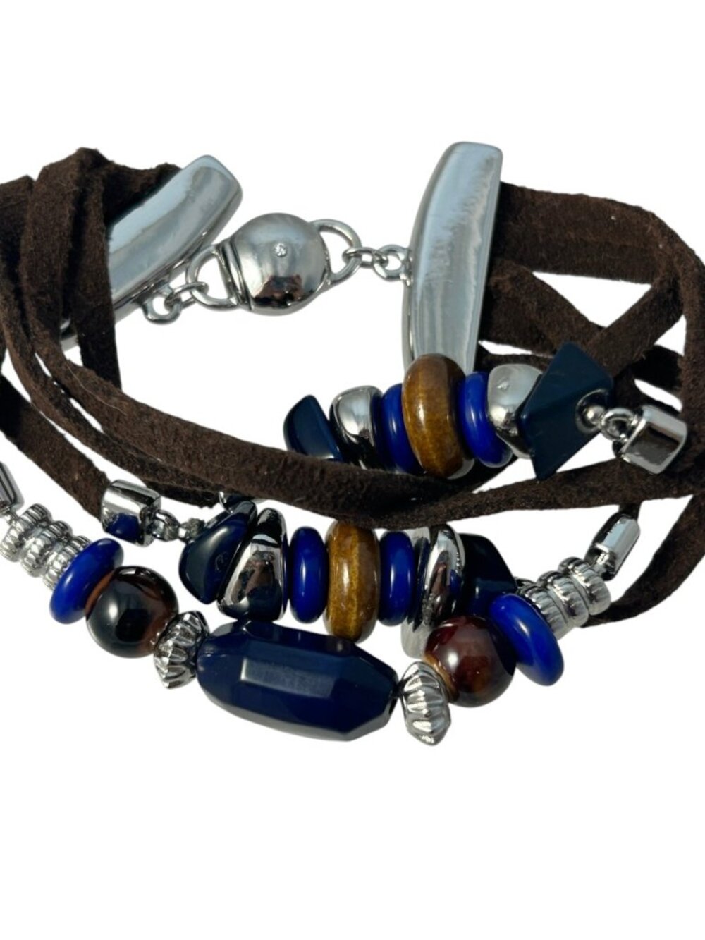 Brown Suede Multi Strand Bracelet Blue Brown Beads Silver Tone Magnetic Clasp